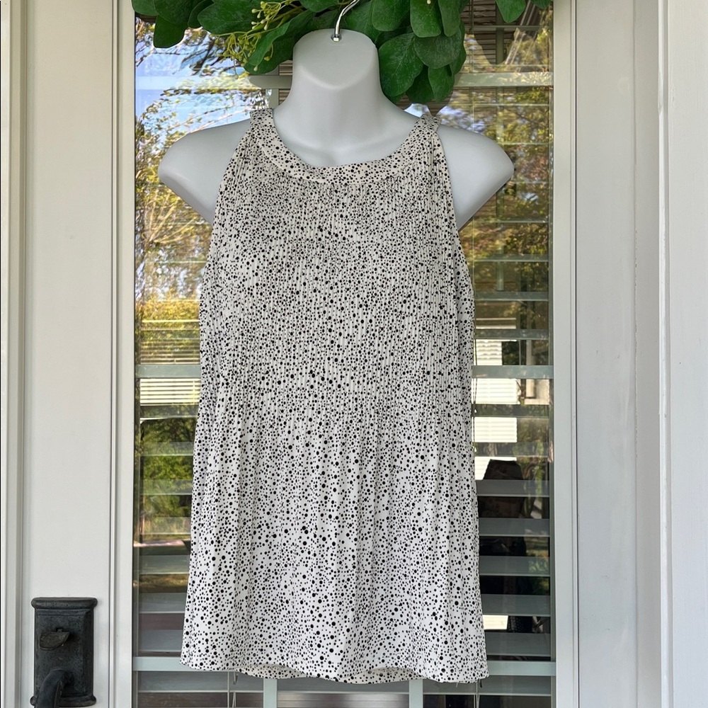 NWT Adrianna Papell White w/ Black Dots Pleated Halter Flowy Tank Top, Sz Small